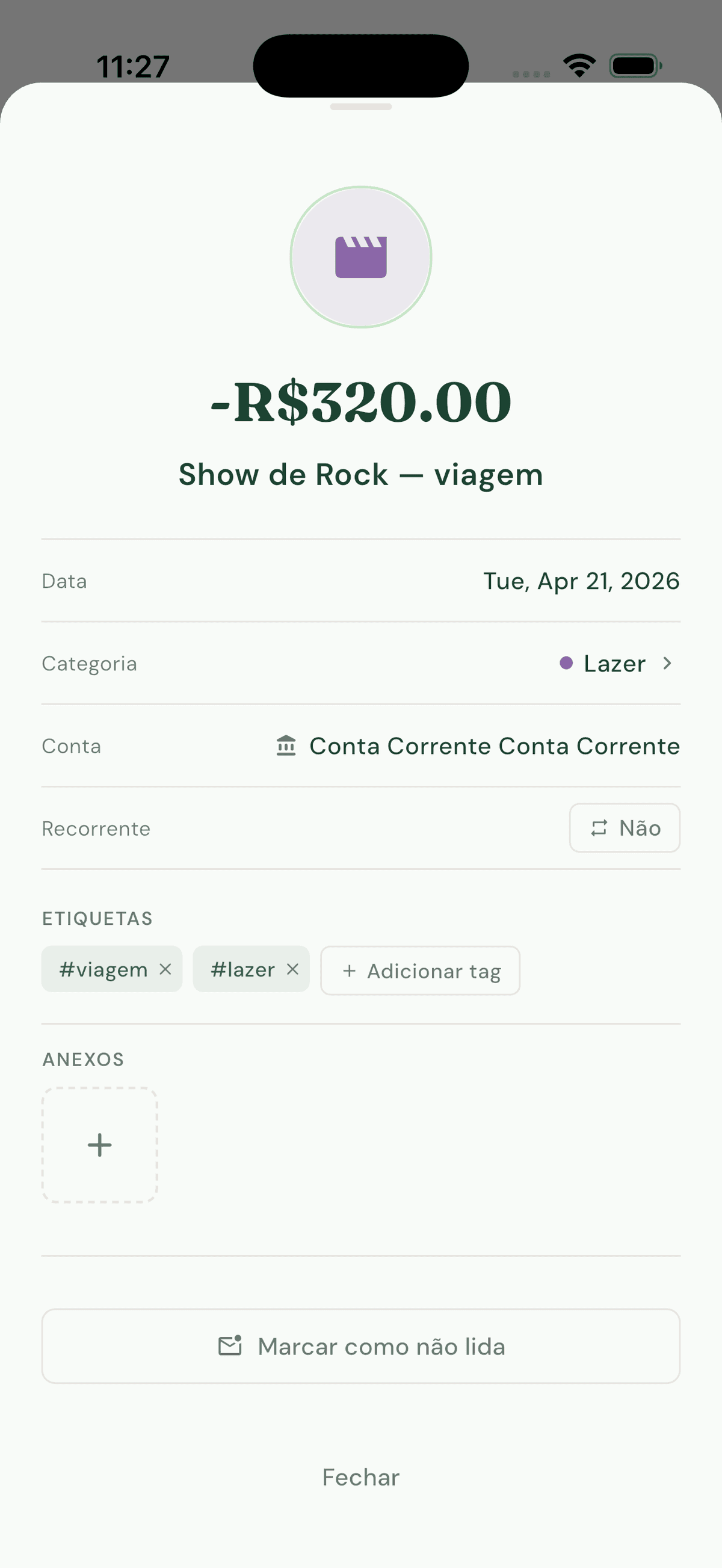 Tela de detalhe de transação do app Pomar com calculadora anti-impulso convertendo preço em horas de trabalho
